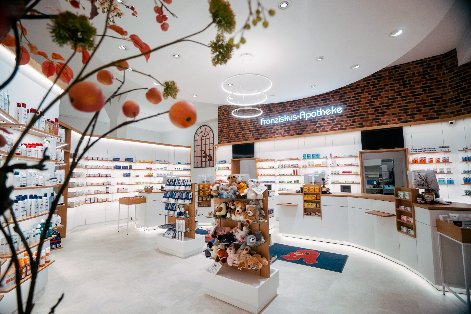 Modern umgebaute Franziskus-Apotheke Winterberg – heller Innenraum mit Holzregalen, Medikamenten und gemütlicher Atmosphäre im Sauerland
